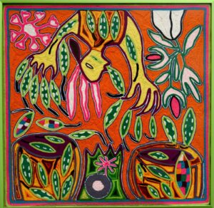 Tatéi Yuáwime llena los graneros de maíz, Juan Ríos Martínez, 1975, 60 x 60 cm, cortesía de la Colección Fundación Kolla-Landwher, Radford University Art Museum.