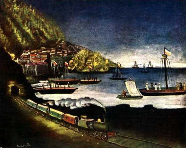 Niko Pirosmani, Puerto de Batumi, óleo sobre lienzo, circa 1900, The State Museum of Fine Arts of Georgia. Fuente: Wikimedia commons, dominio público.