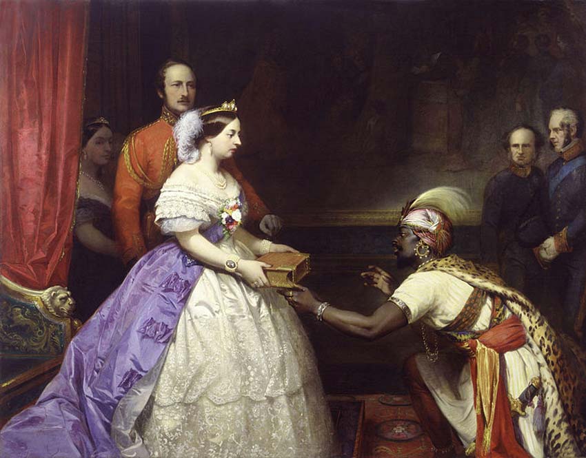 Thomas Joners Barker, The Secret of England's Greatness (Queen Victoria presenting a Bible in the Audience Chamber at Windsor), circa 1863, óleo sobre lienzo, 167,6 x 213,8 cm, National Portrait Gallery, Londres. Dominio público.