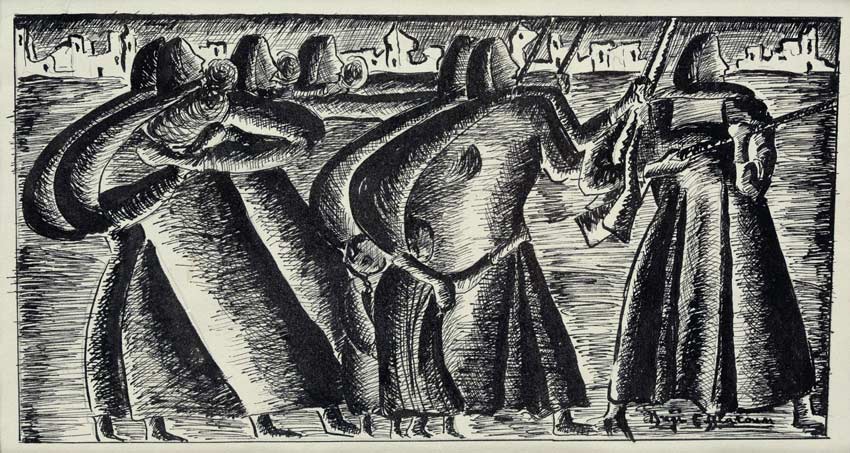 Inji Efflatoun, Tarqab (Expectation), ca. 1940s. Tinta sobre papel, 12 x 21 cm. Cortesía de la Barjeel Art Foundation