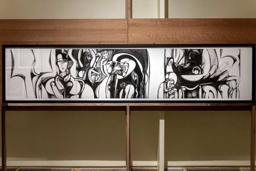 Vista de la instalación Hacer Noche: Promised Land, mostrando “In the Present”, de Ibrahim El-Salahi (1987). Museo de las Culturas de Oaxaca, Santo Domingo. Foto: Jalil Olmedo